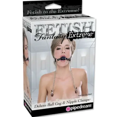 FETISH FANTASY EXTREME - MORDAZA DELUXE CON PINZAS PEZONES CON CADENAS 