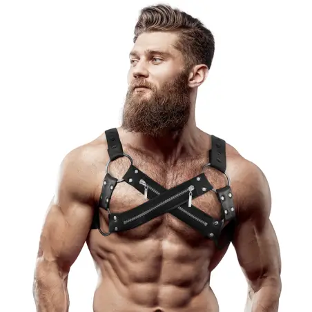 FETISH SUBMISSIVE ATTITUDE - ARNÉS BULLDOG AJUSTABLE NEOPRENO PECHO CRUZADO CON CREMALLERAS HOMBRE 