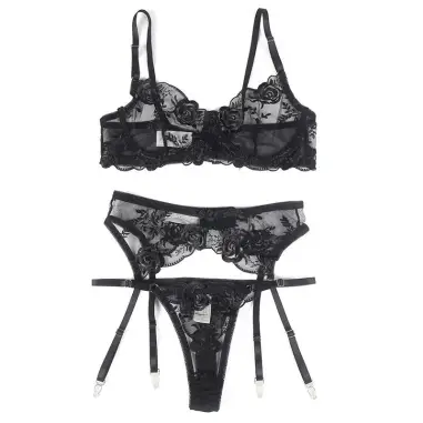 SUBBLIME - SET DE 3 PIEZAS SUJETADOR + TANGA + LIGA ESTAMPADO FLORAL NEGRO L/XL 
