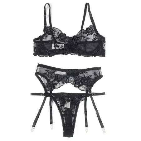 SUBBLIME - SET DE 3 PIEZAS SUJETADOR + TANGA + LIGA ESTAMPADO FLORAL NEGRO L/XL 