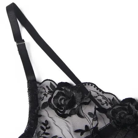 SUBBLIME - SET DE 3 PIEZAS SUJETADOR + TANGA + LIGA ESTAMPADO FLORAL NEGRO L/XL 