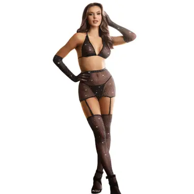 SUBBLIME - 952174 BODYSTOCKING DE REJILLA CON GUANTES Y DIAMANTES NEGRO TALLA ÚNICA 