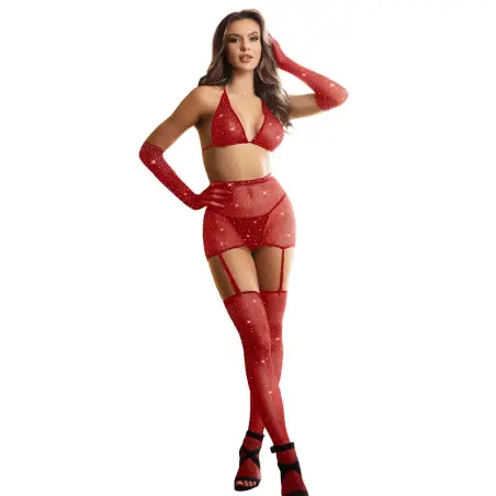 SUBBLIME - 952181 BODYSTOCKING DE REJILLA CON GUANTES Y DIAMANTES ROJO TALLA ÚNICA Bodystocking