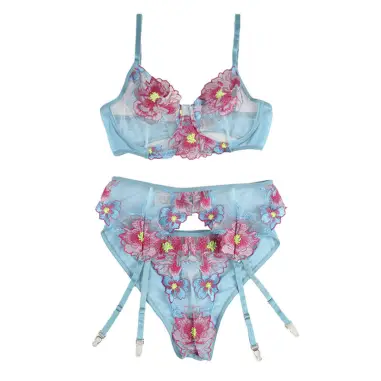 SUBBLIME - 954116 SUJETADOR + PANTIES CON LIGUERO DISEÑO FLORAL AZUL L/XL 