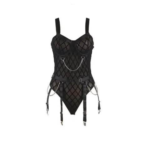 SUBBLIME - 954260 BODY CON CADENAS + LIGUEROS NEGRO S/M Conjunto de lencería sexy