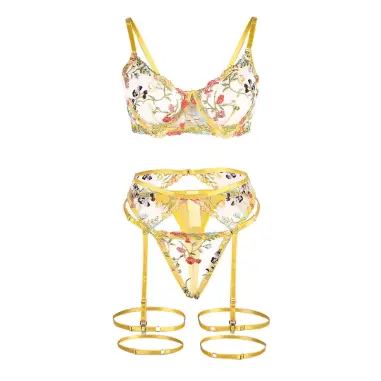 SUBBLIME - 954345 SUJETADOR + TANGA + LIGUEROS DISEÑO FLORAL AMARILLO S/M Conjunto de lencería sexy