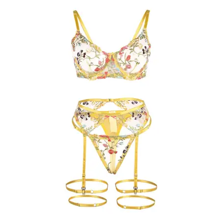 SUBBLIME - 954345 SUJETADOR + TANGA + LIGUEROS DISEÑO FLORAL AMARILLO S/M Conjunto de lencería sexy