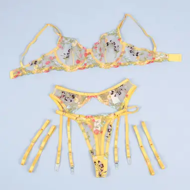 SUBBLIME - 954345 SUJETADOR + TANGA + LIGUEROS DISEÑO FLORAL AMARILLO S/M Conjunto de lencería sexy