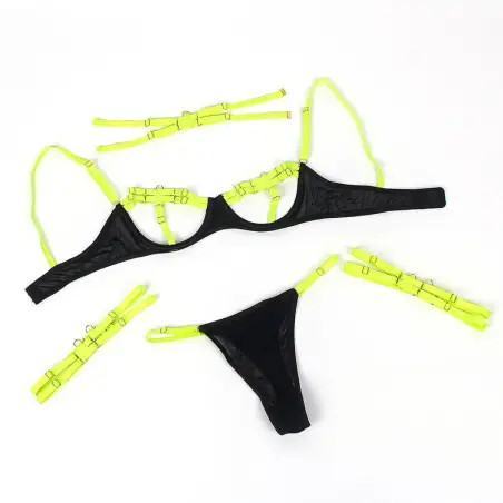 SUBBLIME - 955274 SET SUJETADOR CON COLLAR Y DETALLES PARA PIERNAS VERDE FLUORESCENTE S/M 