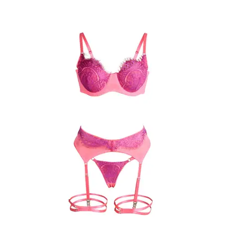 SUBBLIME - 955359 SET SUJETADOR CON ENCAJE Y LIGUEROS ROSA Y MORADO S/M 