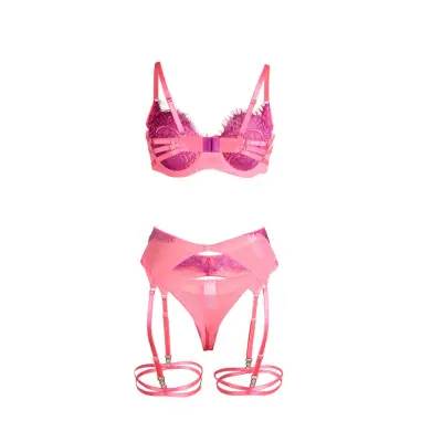 SUBBLIME - 955359 SET SUJETADOR CON ENCAJE Y LIGUEROS ROSA Y MORADO S/M 