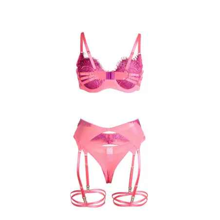 SUBBLIME - 955359 SET SUJETADOR CON ENCAJE Y LIGUEROS ROSA Y MORADO S/M 