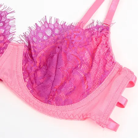 SUBBLIME - 955359 SET SUJETADOR CON ENCAJE Y LIGUEROS ROSA Y MORADO S/M 
