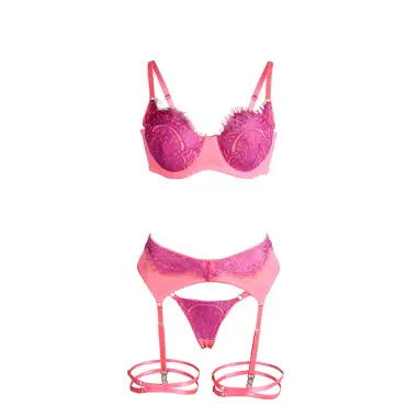 SUBBLIME - 955366 SET SUJETADOR CON ENCAJE Y LIGUEROS ROSA Y MORADO L/XL 