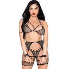 LEG AVENUE - 89362 SET TOP + TANGA + LIGUERO + ESPOSAS NEGRO - TALLA ÚNICA