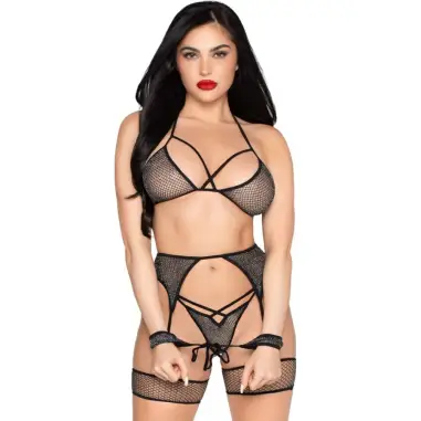 LEG AVENUE - 89362 SET TOP + TANGA + LIGUERO + ESPOSAS NEGRO - TALLA ÚNICA 