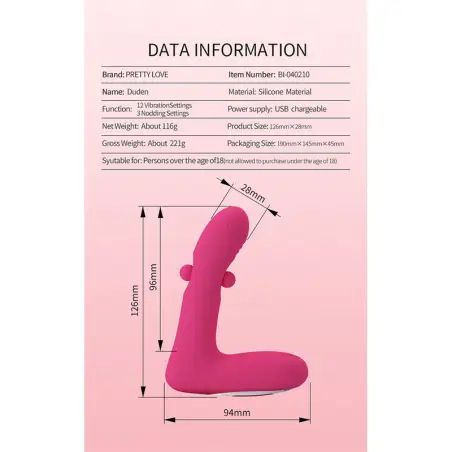 PRETTY LOVE - DUDEN VIBRADOR DE SILICONA RECARGABLE 12 MODOS DE VIBRACIÓN Y 3 MODOS DE BALANCEO ROSA