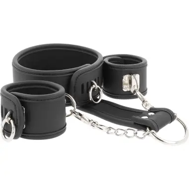 FETISH SUBMISSIVE - COLLAR Y ESPOSAS CUERO VEGANO CON FORRO DE NEOPRENO