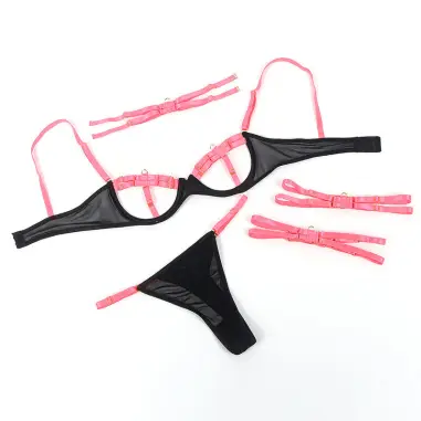 Set Sujetador con Collar y Detalles para Piernas Rosa