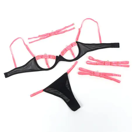 Set Sujetador con Collar y Detalles para Piernas Rosa
