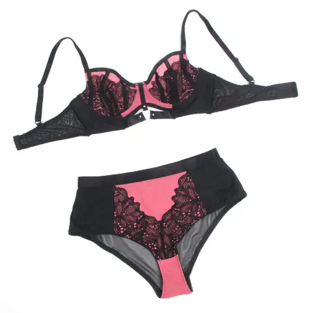 Conjunto Sujetador con Cremallera de Malla de Charol Rosa