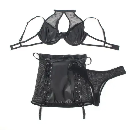 Conjunto Sujetador y Falda de Cuero Negro S/M | Subblime