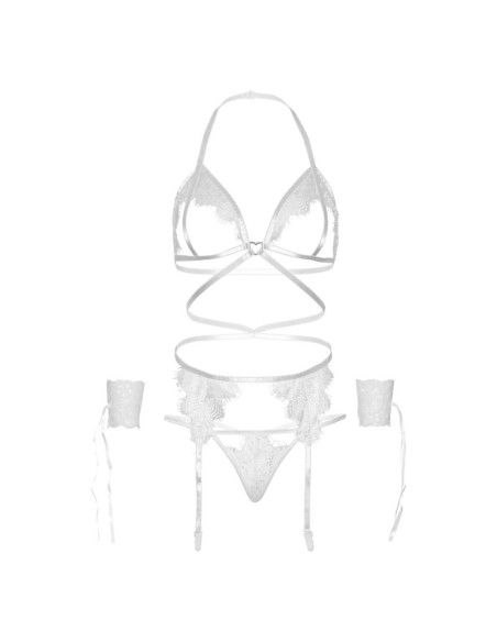 LEG AVENUE - SET CUATRO PIEZAS SUJETADOR, LIGUERO, TANGA Y PUÑOS TALLA ÚNICA - BLANCO LEG AVENUE SETS