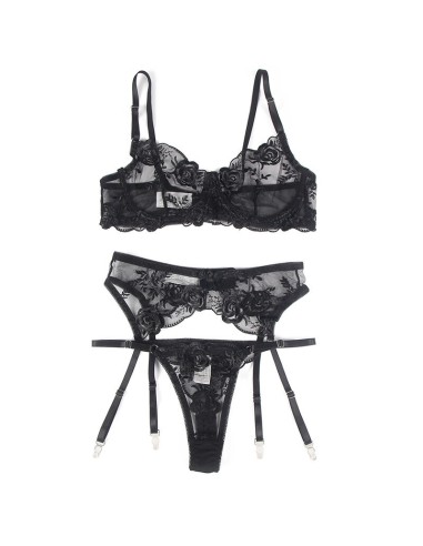 SUBBLIME - SET DE 3 PIEZAS SUJETADOR + TANGA + LIGA ESTAMPADO FLORAL NEGRO L/XL 