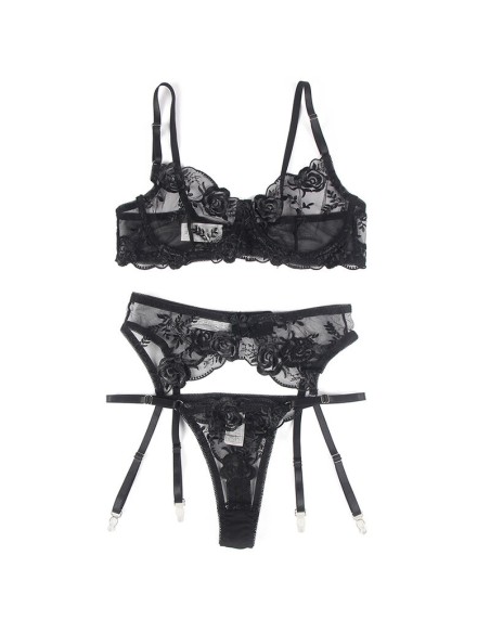 SUBBLIME - SET DE 3 PIEZAS SUJETADOR + TANGA + LIGA ESTAMPADO FLORAL NEGRO L/XL SUBBLIME SETS