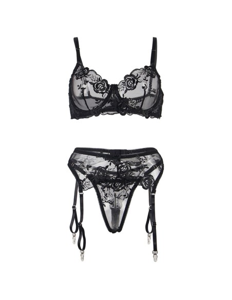 SUBBLIME - SET DE 3 PIEZAS SUJETADOR + TANGA + LIGA ESTAMPADO FLORAL NEGRO L/XL SUBBLIME SETS
