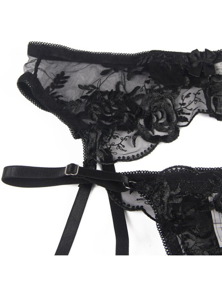 SUBBLIME - SET DE 3 PIEZAS SUJETADOR + TANGA + LIGA ESTAMPADO FLORAL NEGRO L/XL SUBBLIME SETS