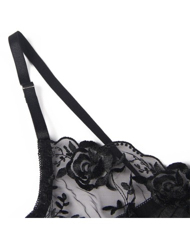 SUBBLIME - SET DE 3 PIEZAS SUJETADOR + TANGA + LIGA ESTAMPADO FLORAL NEGRO L/XL 