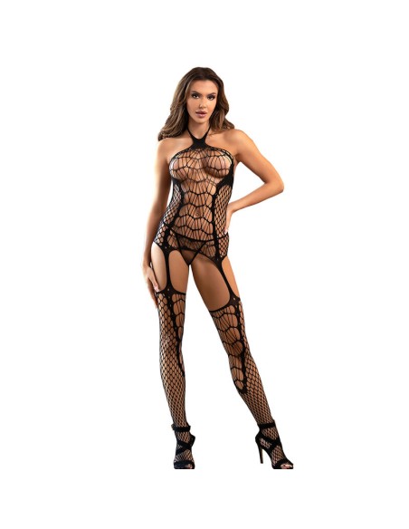 SUBBLIME - 952105 BODYSTOCKING CROTCHLESS DE REJILLA CON CUELLO HALTER Y ESPALDA ABIERTA NEGRO TALLA ÚNICA SUBBLIME BODYSTOCKING