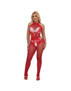 SUBBLIME - 952372 BODYSTOCKING CROTCHLESS DE REJILLA Y ENCAJE CON CUELLO ALTO ROJO TALLA ÚNICA SUBBLIME BODYSTOCKINGS