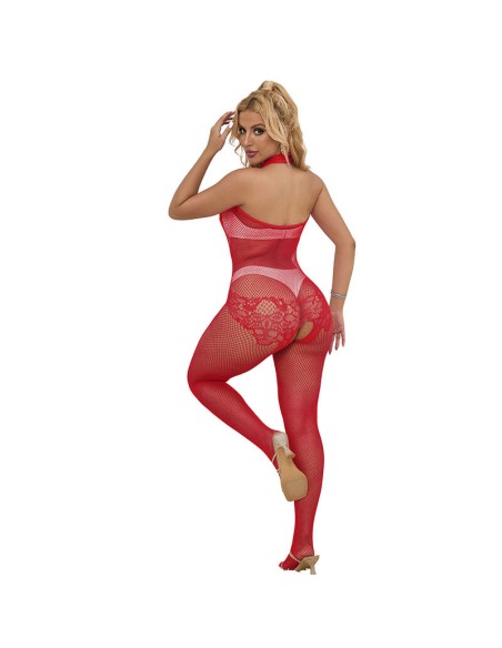 SUBBLIME - 952372 BODYSTOCKING CROTCHLESS DE REJILLA Y ENCAJE CON CUELLO ALTO ROJO TALLA ÚNICA SUBBLIME BODYSTOCKINGS