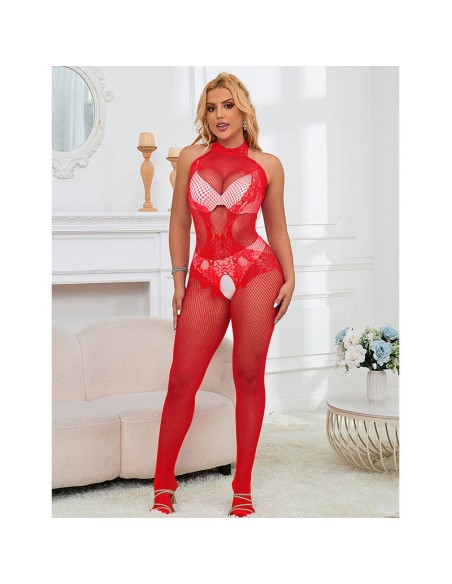 SUBBLIME - 952372 BODYSTOCKING CROTCHLESS DE REJILLA Y ENCAJE CON CUELLO ALTO ROJO TALLA ÚNICA SUBBLIME BODYSTOCKINGS