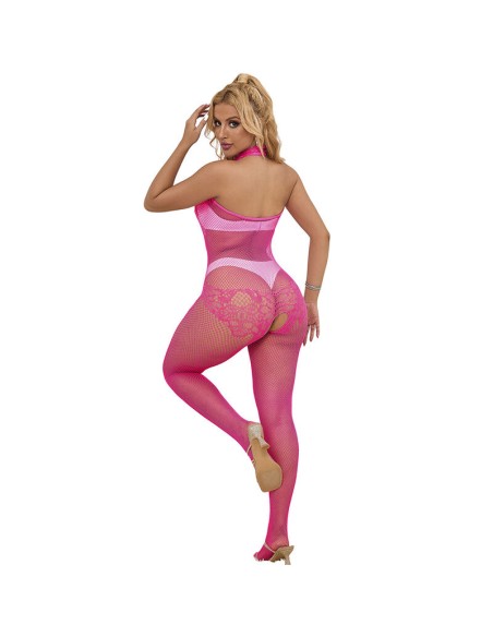 SUBBLIME - 952389 BODYSTOCKING CROTCHLESS DE REJILLA Y ENCAJE CON CUELLO ALTO ROSA TALLA ÚNICA SUBBLIME BODYSTOCKINGS
