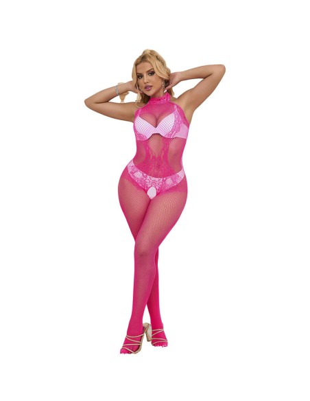 SUBBLIME - 952389 BODYSTOCKING CROTCHLESS DE REJILLA Y ENCAJE CON CUELLO ALTO ROSA TALLA ÚNICA SUBBLIME BODYSTOCKINGS