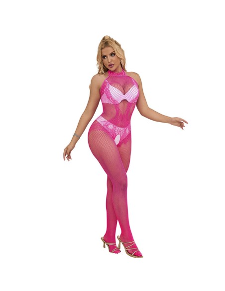 SUBBLIME - 952389 BODYSTOCKING CROTCHLESS DE REJILLA Y ENCAJE CON CUELLO ALTO ROSA TALLA ÚNICA SUBBLIME BODYSTOCKINGS