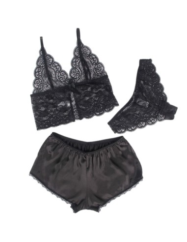 SUBBLIME - 953911 SET 3 PIEZAS ENCAJE Y SATEN NEGRO S/M 