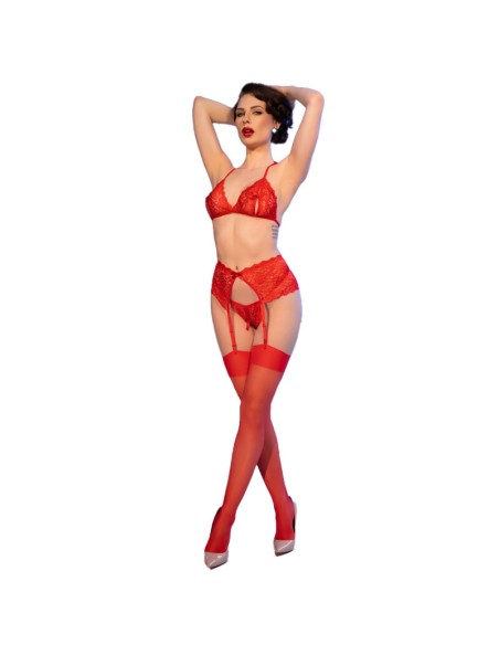 CHILIROSE - CR 4848 SET SUJETADOR + TANGA + MEDIAS DE ENCAJE ROJO L CHILIROSE SETS