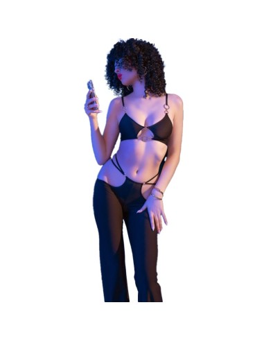 CHILIROSE - CR 4851 SET TOP NEGRO Y LEGGINS CON COMPLEMENTOS DORADOS S 