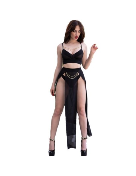 CHILIROSE - CR 4672 TOP NEGRO FALDA Y TANGA CON CADENAS DORADAS S CHILIROSE SETS