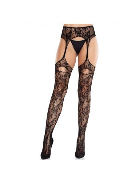 LEG AVENUE - MEDIAS DE ENCAJE CON LIGAS NEGRO LEG AVENUE HOSIERY