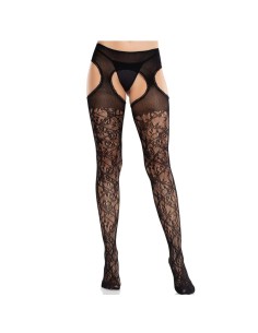 LEG AVENUE - MEDIAS DE ENCAJE FLORAL CON LIGAS UNIDAS NEGRO LEG AVENUE HOSIERY