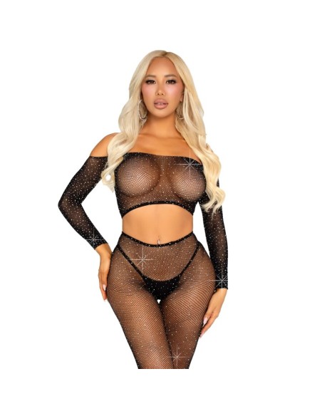 LEG AVENUE - CROP TOP Y LEGGING DE REJILLA CON PEDRERÍA NEGRO LEG AVENUE SETS